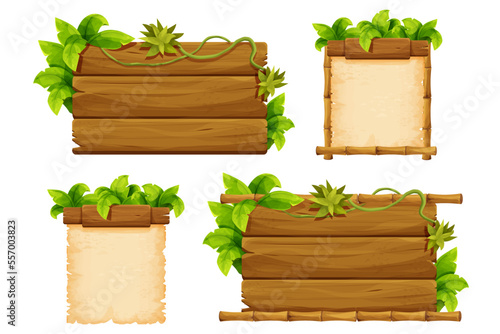 Set wooden signboard, bamboo frame parchment decorated with jungle palm leaves, liana in cartoon style isolated on white background. Jungle, tropical element, textured and detailed board.Ui game asset