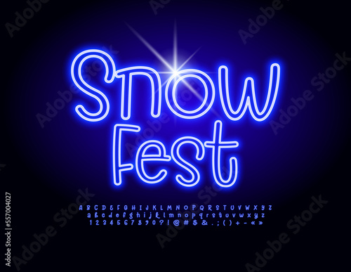 Vector neon banner Snow Fest. Playful handwritten Font. Blue glowing Alphabet Letters and Numbers set.