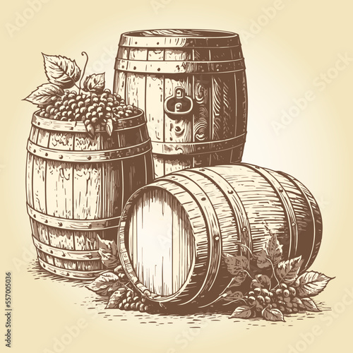 Trio of Temptation, Three Wine Barrels Adorned with Vibrant Vines, a Symbolic Celebration of the Fruits of Labor and the Joys of Indulgence