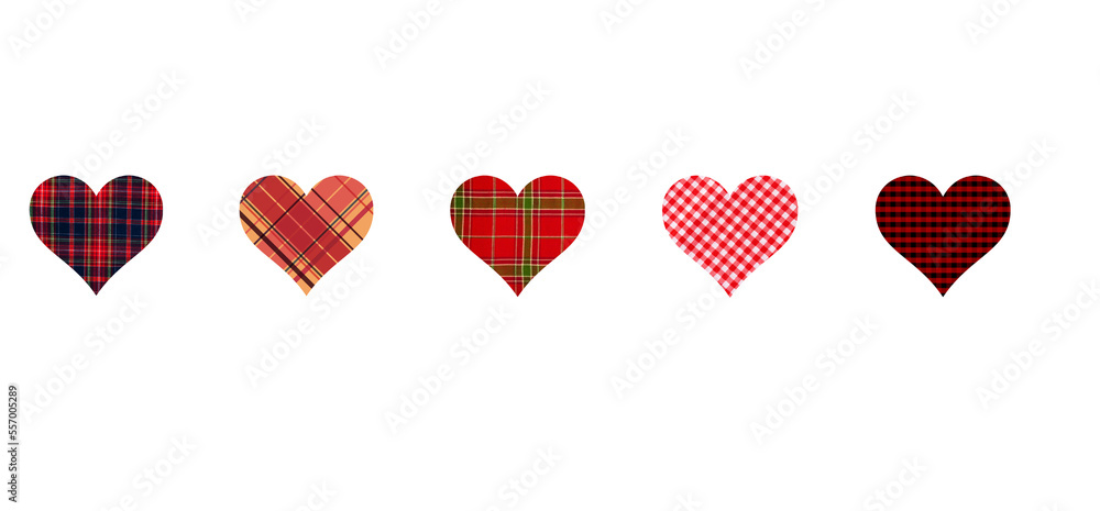 Checkered fabric pattern hearts in red, navy, green, yellow colors, on a white isolated background. For Valentine's Day,