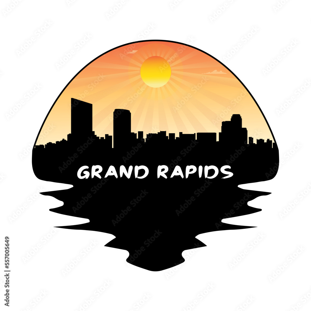 Grand Rapids Michigan USA Skyline Silhouette Retro Vintage Sunset Grand Rapids Lover Travel Souvenir Sticker Vector Illustration SVG EPS