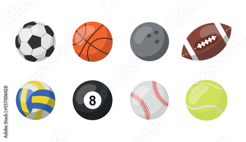 Sport balls isolated on white backgrund. Sports equipment pack. Set Of Soccer, Basketball, Bowling, Rugby, Volleyball, Billiard, Baseball and Tennis. Vector stock