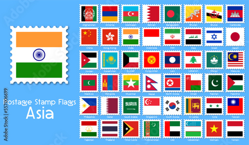 Asian continent country flags postage stamps collection. Vector illustration.