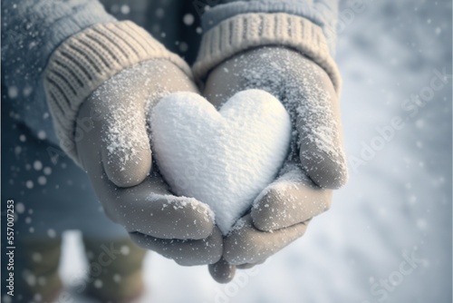 Close up hands in winter gloves holding heart made of snow in winter environment © Hixel