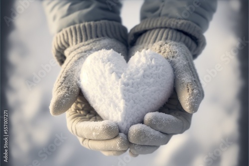 Close up hands in winter gloves holding heart made of snow in winter environment