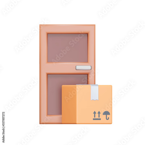 Door-to-door delivery 3d icon. Door and box with parcel. Isolated object on transparent background