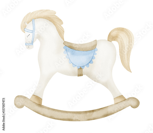 Rocking Horse baby Toy. Hand drawn watercolor illustration of Riding pony for little boy. Funny animal for kid game in vintage style. Retro drawing on isolated background for children holiday