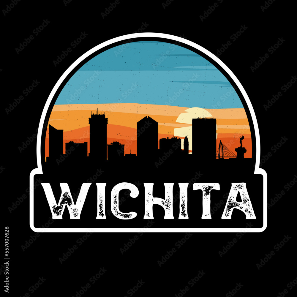 Wichita Kansas USA Skyline Silhouette Retro Vintage Sunset Wichita Lover Travel Souvenir Sticker Vector Illustration SVG EPS