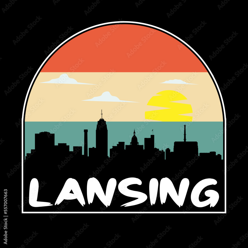 Lansing Michigan USA Skyline Silhouette Retro Vintage Sunset Lansing Lover Travel Souvenir Sticker Vector Illustration SVG EPS