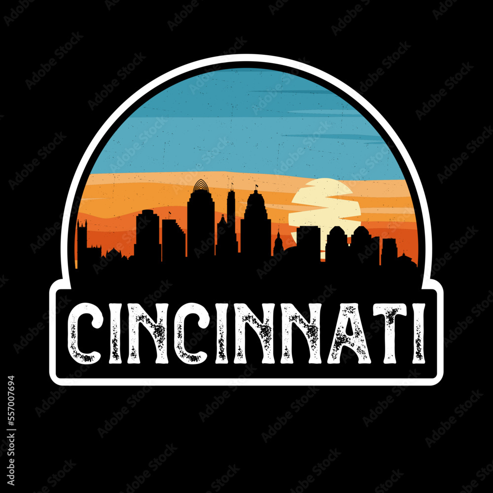 Cincinnati Ohio USA Skyline Silhouette Retro Vintage Sunset Cincinnati Lover Travel Souvenir Sticker Vector Illustration SVG EPS