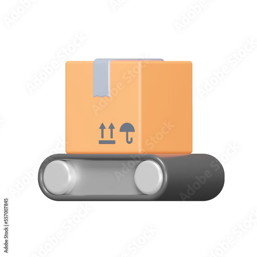 Box on conveyor belt 3d icon. Logistics. Parcel. Isolated object on transparent background