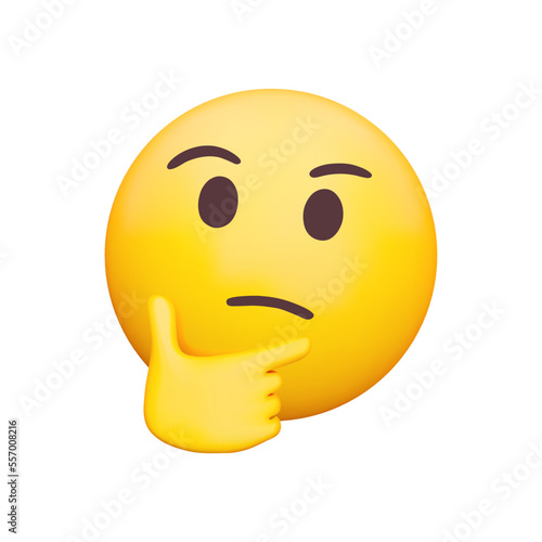 Thinking face 3d icon. Emoji with thumb and index finger resting on its chin. Pondering, deep in thought. Hmm. Isolated object on transparent background