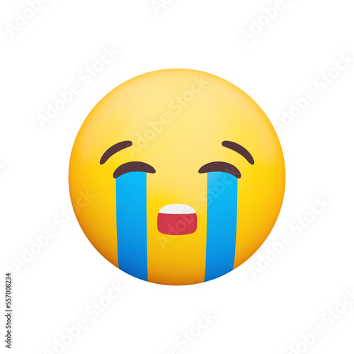 Loudly crying face 3d icon. Yellow emoji with his mouth open, tears streaming from his closed eyes. Isolated object on transparent background