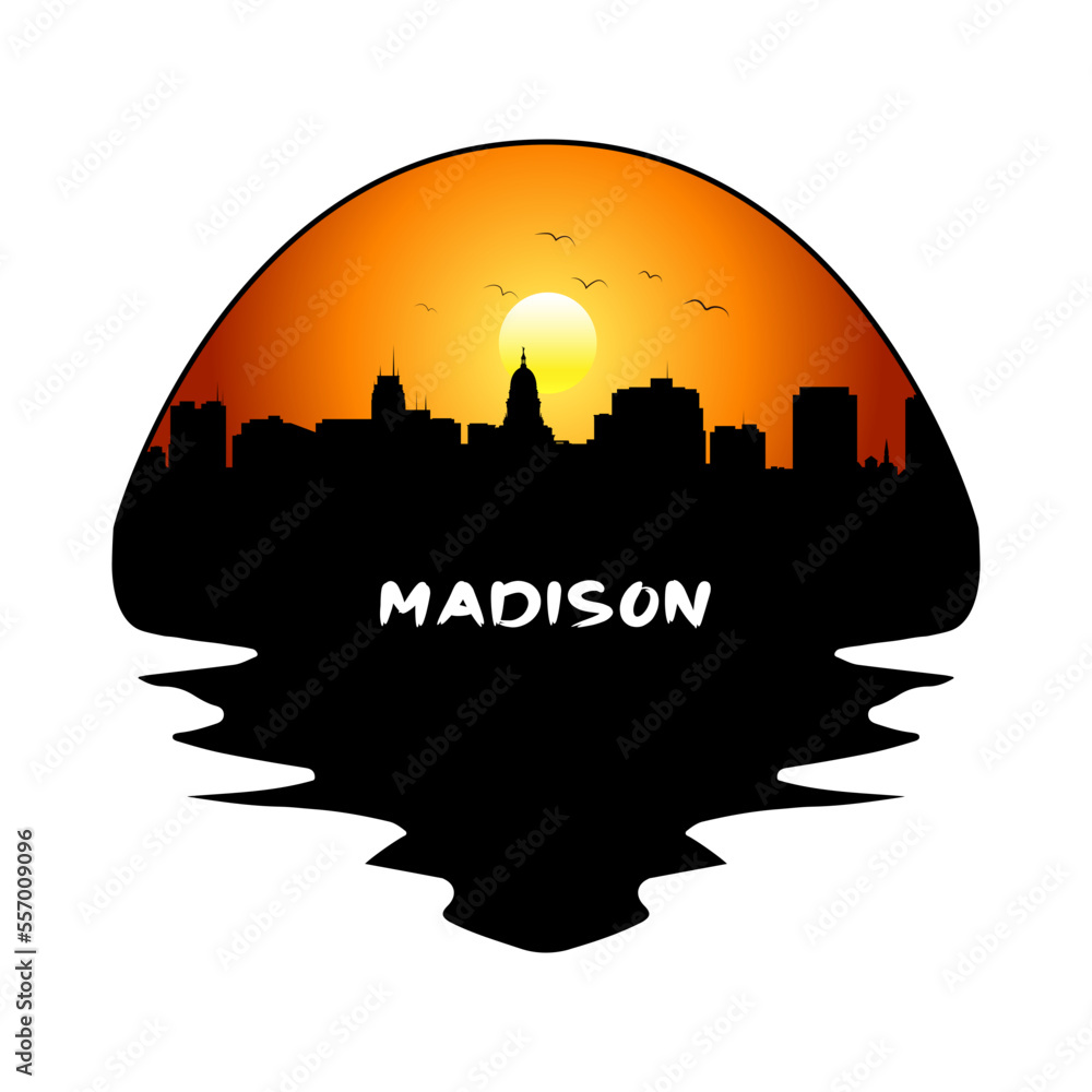 Madison Wisconsin USA Skyline Silhouette Retro Vintage Sunset Madison Lover Travel Souvenir Sticker Vector Illustration SVG EPS