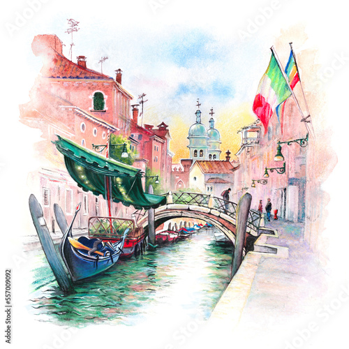 Watercolor sketch of San Barnaba canal, bright houses and Gondolas at their moorings, Venice, Italy. photo