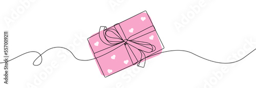 Valentine Day Gift box one line drawing . Continuous one line gift box.Presents with ribbon bow. Hand drawn  greeting present box.Line art  surprise with a hearts .Pink gift box with a hearts