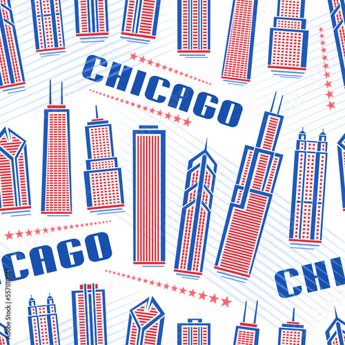 Vector Chicago Seamless Pattern, repeating background with illustration of red famous chicago city scape on white background for wrapping paper, decorative line art urban poster with blue text chicago