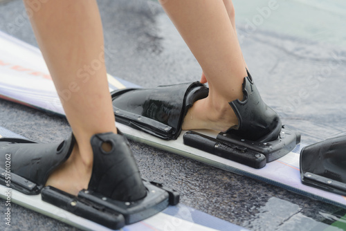 close up of water ski feet