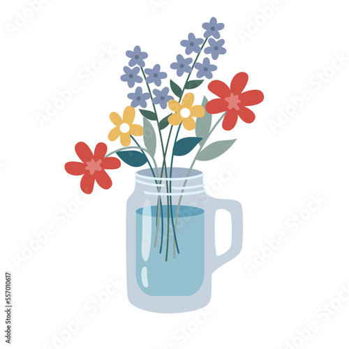  Illustration of a cute bouquet of wild flowers in a jar in flat style