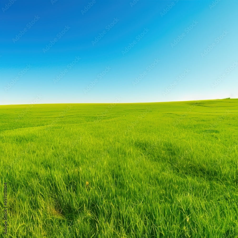 Green grass and sunny blue sky background - generative ai