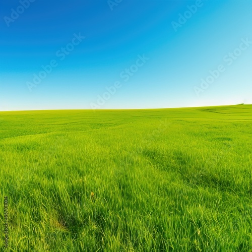 Green grass and sunny blue sky background - generative ai