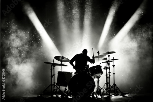 Fototapeta Silhouette of a drummer playing drums on stage in the spotlights