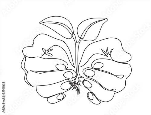 Single continuous line of hands holding tree leaf. Plant leaves grow planet Earth seedling eco natural concept design sketch drawing vector illustration art  photo