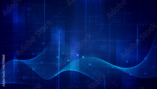 Digital technology data blue background, online cyber media algorithm, abstract wave futuristic circuit tech, innovation future, internet network connection, Ai big data, hi-tech illustration vector