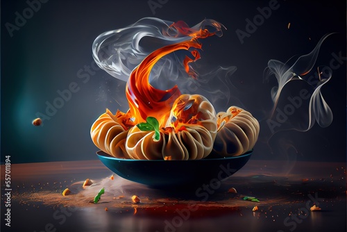 Hot momos with cheese splashing, cheesy, spicy, hot flaming, smoked momos, food photography, Generative AI 