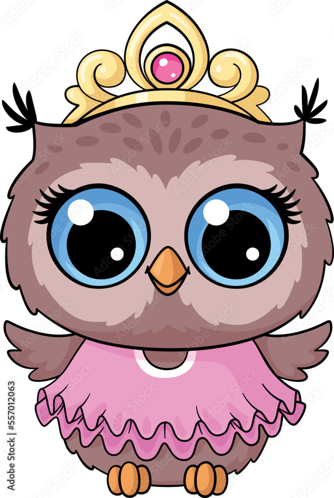 Owl princess character. Cartoon bird in crown and pink dress