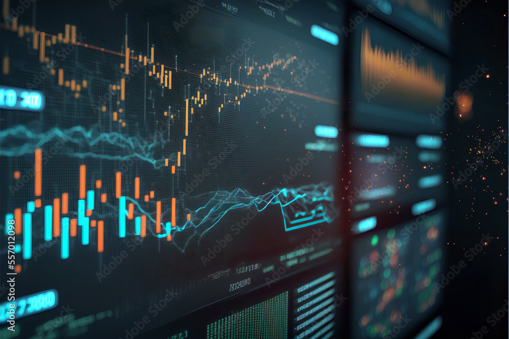 Stock market investment graph with indicator and volume data - Generative Ai