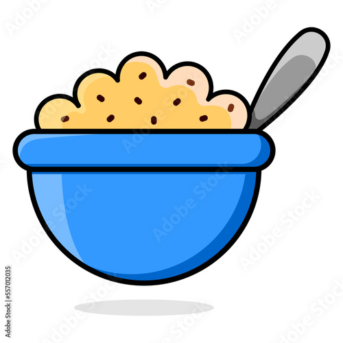 Cartoon blue plate with oatmeal. Porridge with raisins. Vector illustration isolated on white background