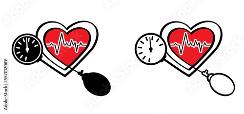 Cartoon blood pressure monitor, Medical tonometer. Pressure blood high or low, medical device. Measure the patient's blood pressure. Control healthcare concept. Heart check. ECG heartbeat line pulse.