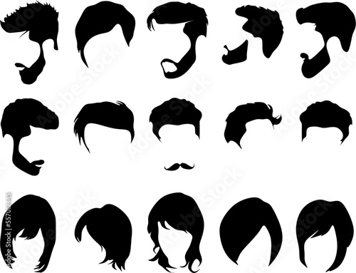 Black silhouettes of female and male hairstyles on a white background