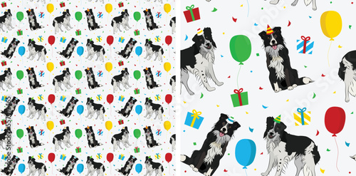 Happy Birthday Pattern with border collie dog in a party hat, seamless texture. Repeatable textile, wrapping paper, white background graphic design. Holiday wallpaper with sitting dogs, confetti.