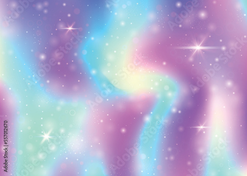 Fairy background with rainbow mesh. Colorful universe banner in princess colors. Fantasy gradient backdrop with hologram. Holographic fairy background with magic sparkles, stars and blurs.