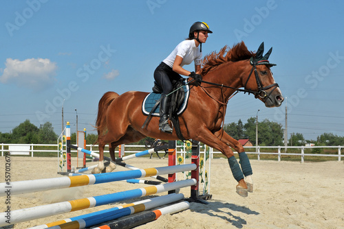  Girl on horse jumps over a barrier