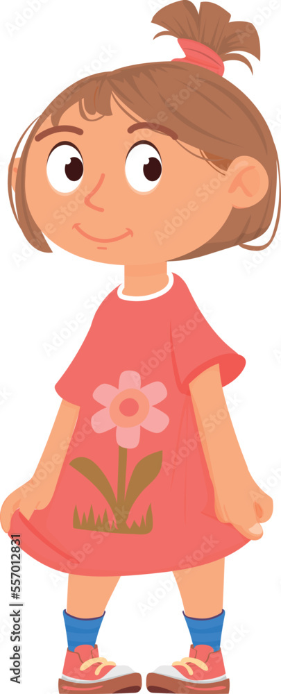 Little girl in red dress. Cartoon kid character Little girl in red dress. Cartoon kid character