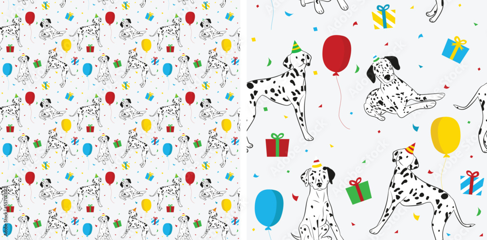 Happy Birthday Pattern with Dalmatian dog in a party hat, seamless texture. Repeatable textile, wrapping paper, white background graphic design. Holiday wallpaper with sitting dogs, confetti card Happy Birthday Pattern with Dalmatian dog in a party hat, seamless texture. Repeatable textile, wrapping paper, white background graphic design. Holiday wallpaper with sitting dogs, confetti card