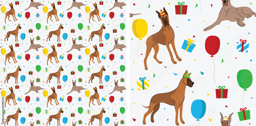 Happy Birthday Pattern with Great Dane dog in a party hat, seamless texture. Repeatable textile, wrapping paper, white background graphic design. Holiday wallpaper with sitting painted dogs, confetti