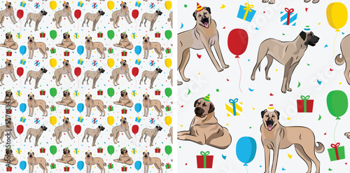 Happy Birthday Pattern with Kangal dog in a party hat, seamless texture. Repeatable textile, wrapping paper, white background graphic design. Holiday wallpaper with sitting painted dogs, confetti