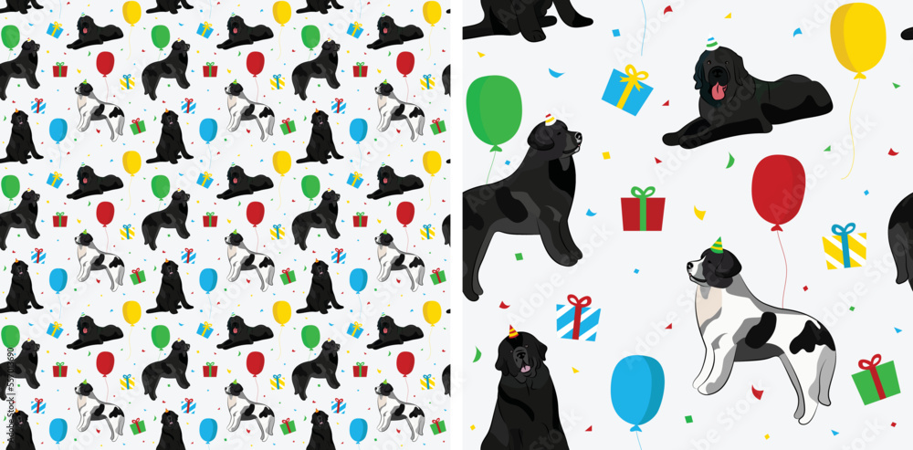 Happy Birthday Pattern with Newfoundland dog in a party hat, seamless texture. Repeatable textile, wrapping paper, white background graphic design. Holiday wallpaper with sitting funny dogs, confetti.