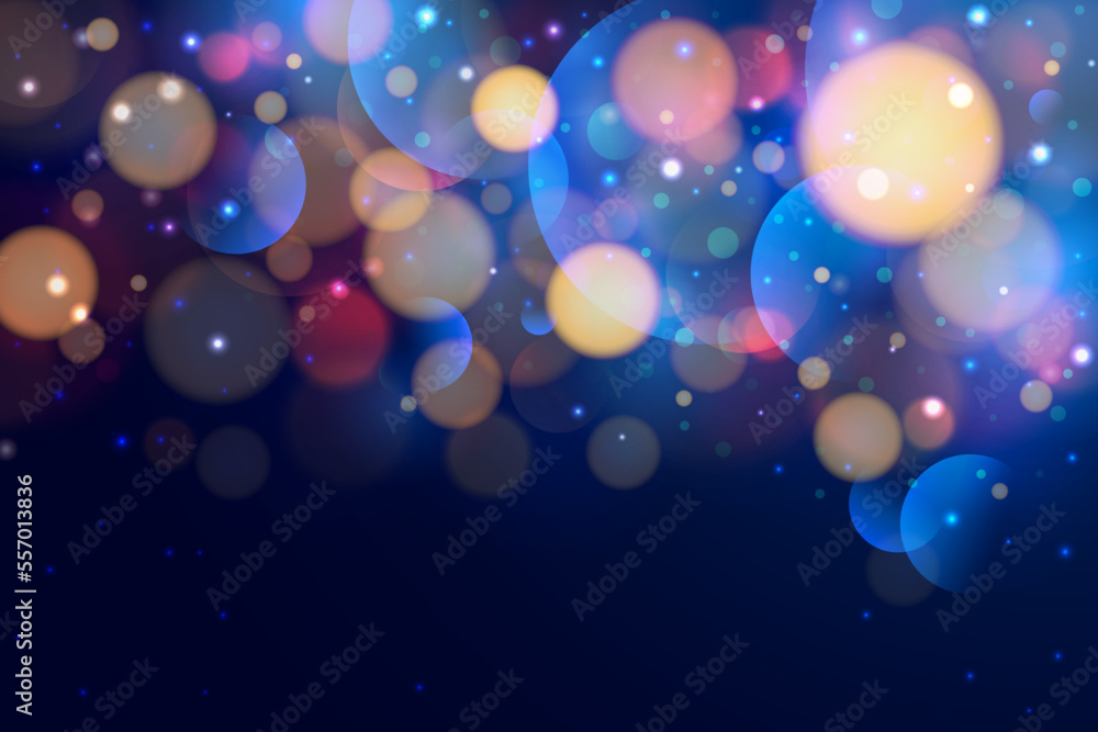 Blurred colorful bokeh light on dark blue background. Luxury vector backdrop with golden, pink and blue bokeh. Falling golden sparks, dust glitter, blur effect. Festive banner template, copy space Blurred colorful bokeh light on dark blue background. Luxury vector backdrop with golden, pink and blue bokeh. Falling golden sparks, dust glitter, blur effect. Festive banner template, copy space