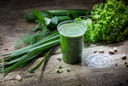 Green Smoothie Ingredients Healthy Drink Detox Diet in plastic cup