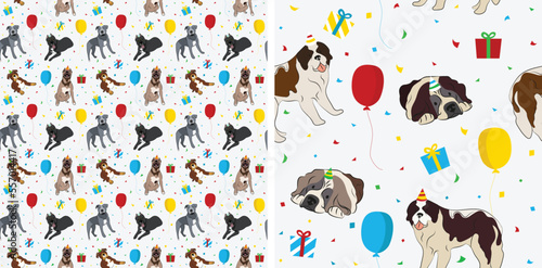 Happy Birthday Pattern with St Bernard dog in a party hat, seamless texture. Repeatable textile, wrapping paper, white background graphic design. Holiday wallpaper with sitting Saint Bernard dogs. 