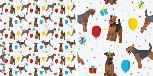 Happy Birthday Pattern with Welsh terrier dog in a party hat, seamless texture. Repeatable textile, wrapping paper, white background graphic design. Holiday wallpaper with sitting dogs, confetti