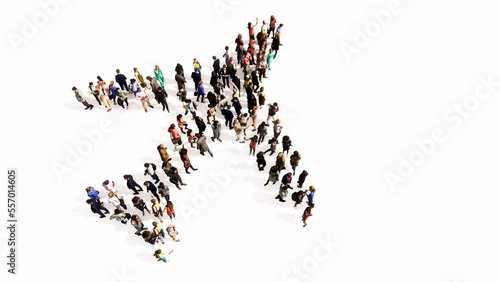 Concept conceptual large community of people forming the airplane sign. 3d illustration metaphor for modern, fast, comfortable and  secure transportation, holiday and business