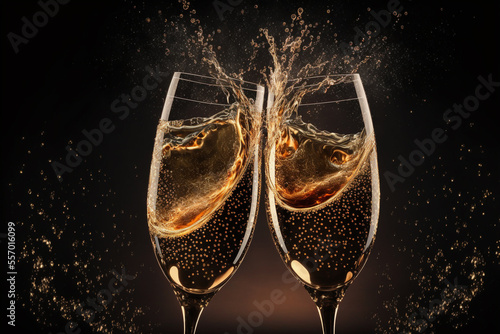 New Years eve concept with bokeh, fireworks and glasses of champagne. 