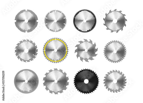 Circular saw blades mechanical carpentry construction hardware set realistic vector illustration