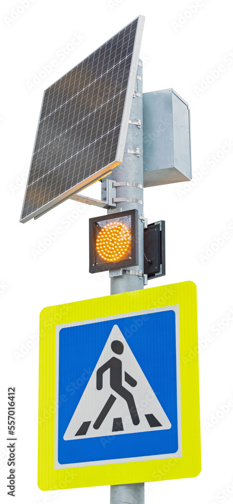 Pedestrian crossing road sign and solar-powered traffic light Stock ...